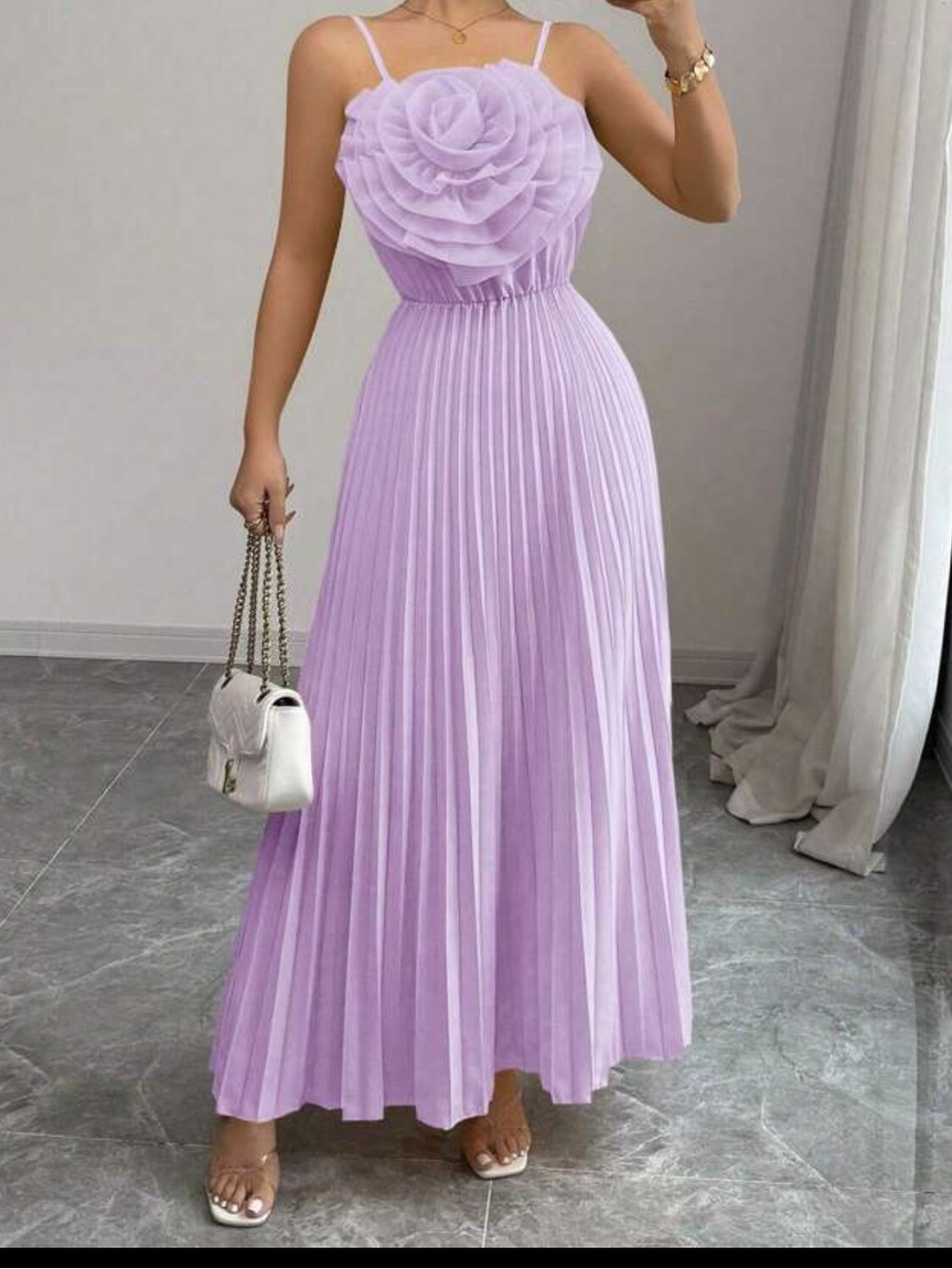 Lavender floral decor waist pleaded A-line dress